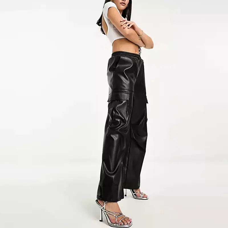 Women's PU Leather Wide Leg Pants,Black, Casual, Loose, High Waist, Vintage, Slim, Elastic, Flare, Straight Leg, Winter