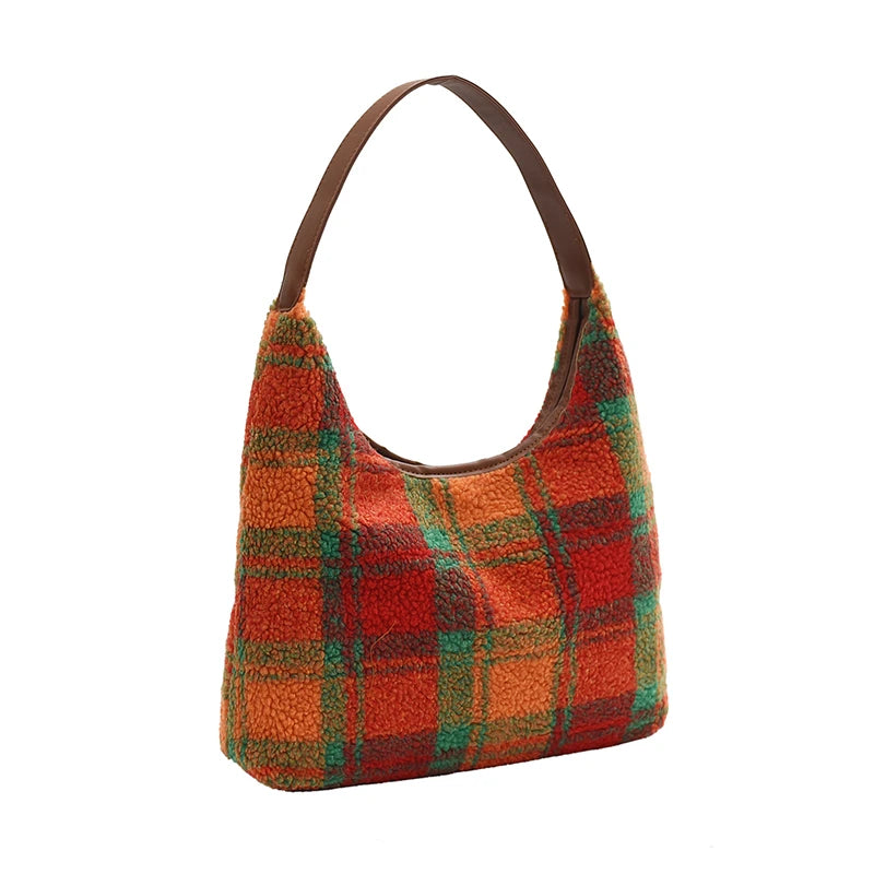 Fashion Classic Versatile Women's Panel Color Woolen Cloth Single Shoulder Tote Bag Outdoor Simple Commuter Casual Storage Bags