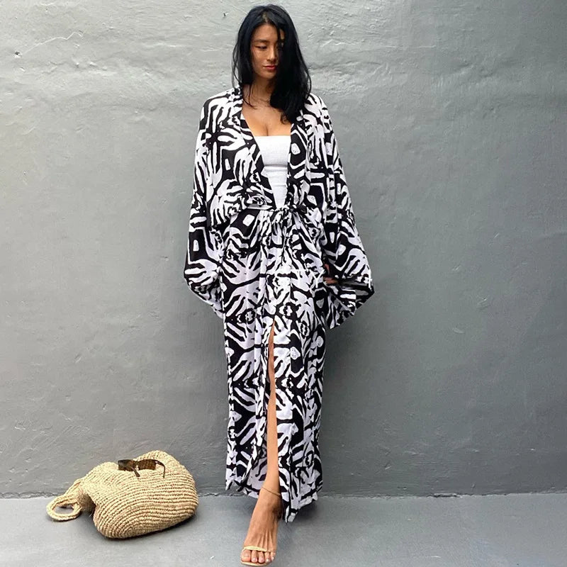 Kimono Bohemian Beach Swimsuit Cover Up Pareo Beach Women Tunics Beachwear 2023 Summer Long Bikini Blouse beach outfit for women