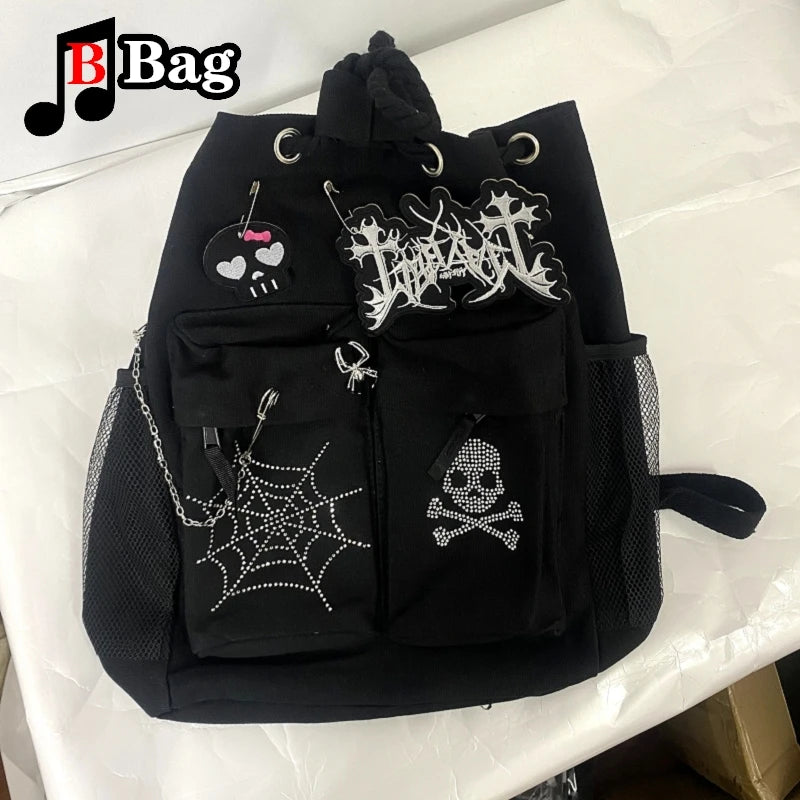 Y2K Gothic Women Girls punk Rock Backpack shoulder Bags Handbags Harajuku student punk Drawcord embroidery Backpacks totes