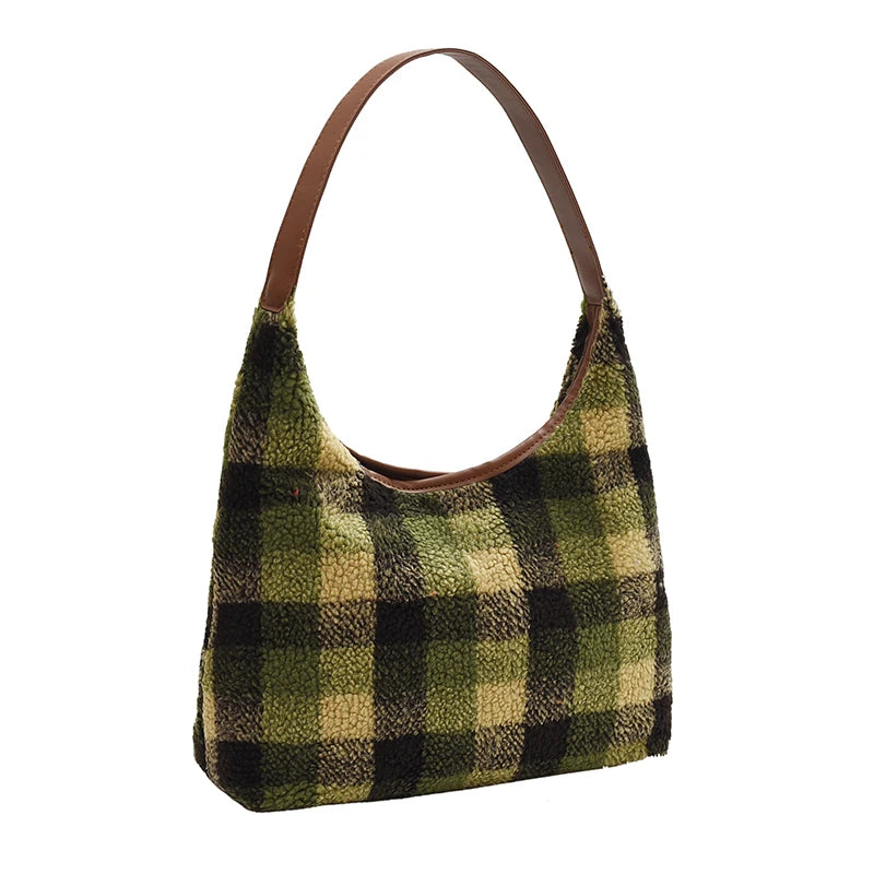 Fashion Classic Versatile Women's Panel Color Woolen Cloth Single Shoulder Tote Bag Outdoor Simple Commuter Casual Storage Bags