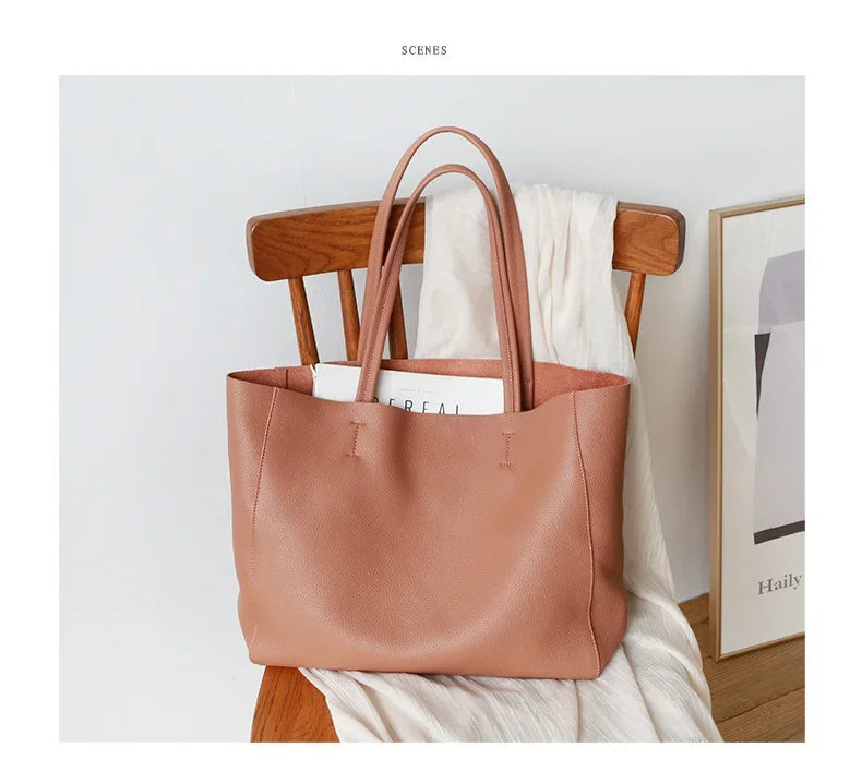 Women Luxury Bag Casual Tote Female Fashion Summer Beach Handbag Lady Popular Soft Cowhide Genuine Leather Shoulder Shopping Bag