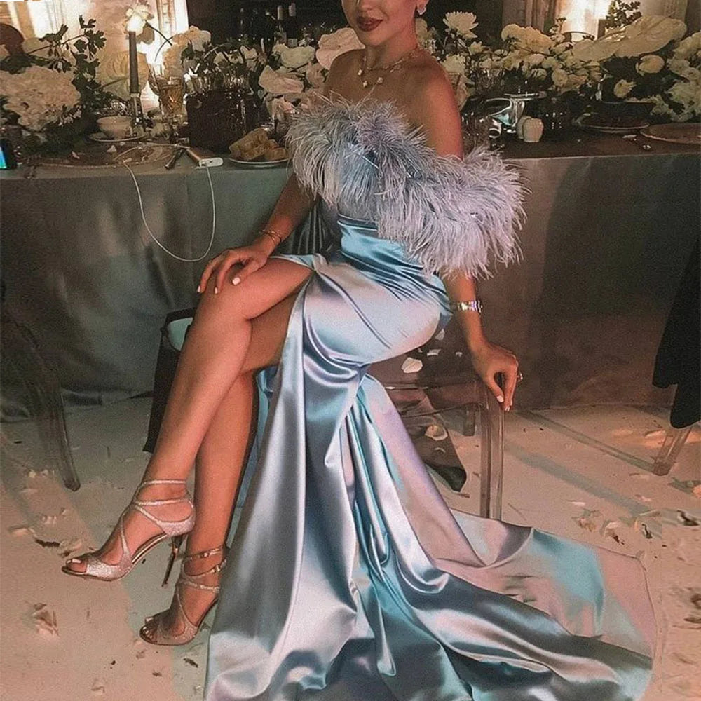 Luxury Sky Blue Off The Shoulder Satin Evening Dress Mermaid Prom Dresses  Split Floor Length Formal Party  Dress With Feather