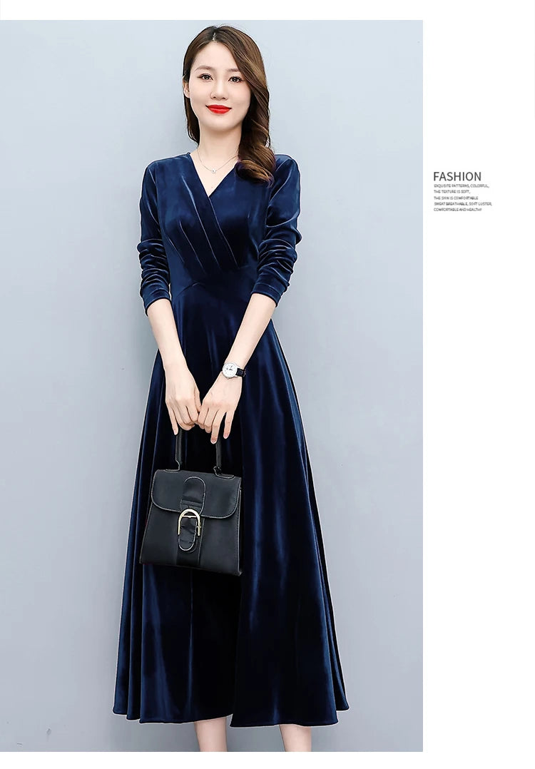 2024 Vintage Long Sleeve Women Sexy Midi Dresses Autumn Winter Velvet Thick Warm Dress Elegant Bodycon Party Night Maxi Vestidos