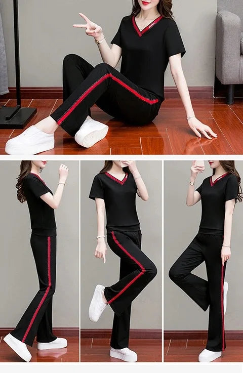 2022 new short sleeve V-neck T-shirt fashion casual wear two piece suit sports micro flared pants suit