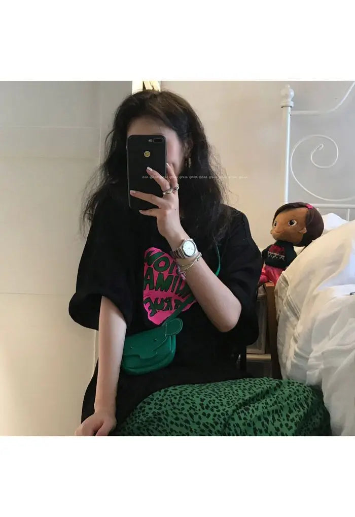 2023 Summer Loose Letters Girls Short-sleeved T-shirt Retro High-waisted Leopard Print Half-body Skirt Suit Two-piece Female Y2K