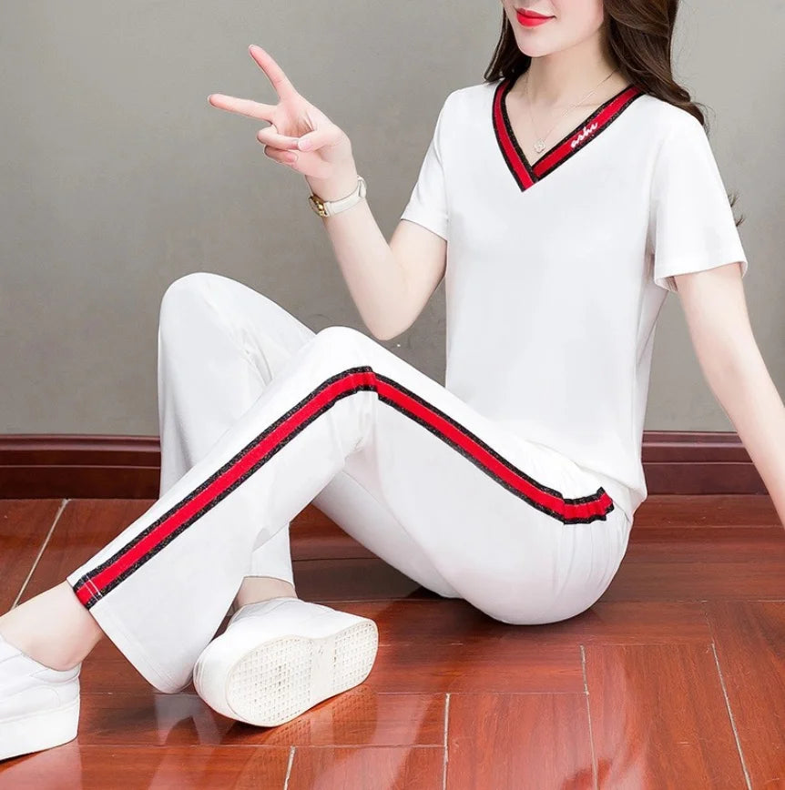 2022 new short sleeve V-neck T-shirt fashion casual wear two piece suit sports micro flared pants suit