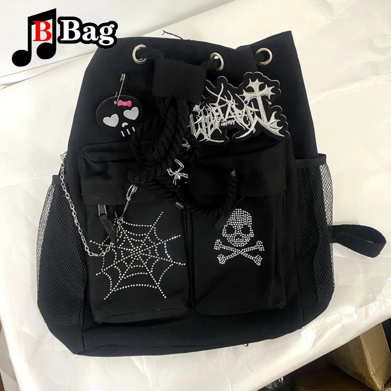 Y2K Gothic Women Girls punk Rock Backpack shoulder Bags Handbags Harajuku student punk Drawcord embroidery Backpacks totes