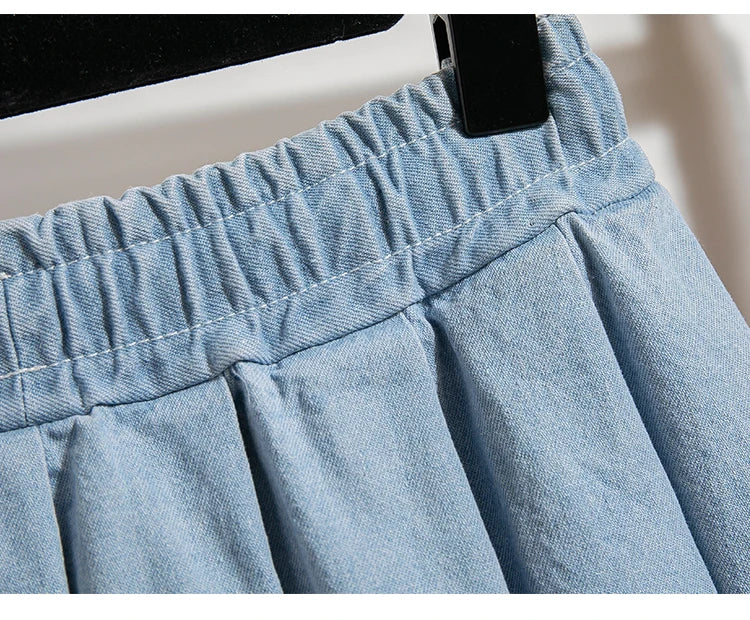 5XL Oversize Denim Skirts Women Lace Up Pleated Skirt Summer Elastic Waist Cute Soft Girl Frilly Loose Jeans Mini Skirt Culotte