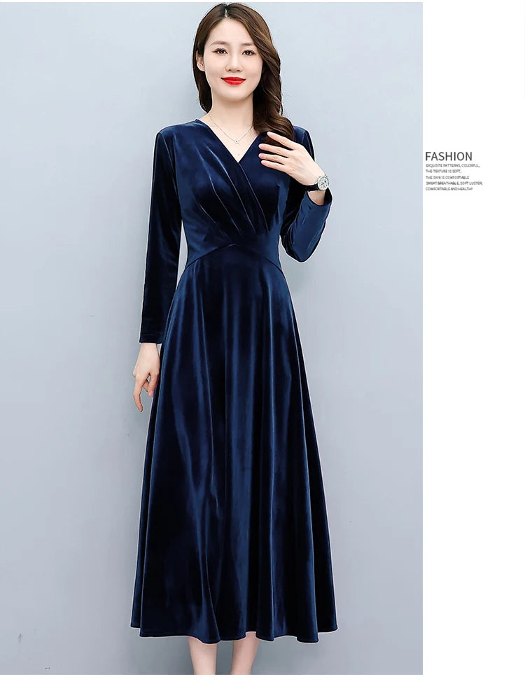 2024 Vintage Long Sleeve Women Sexy Midi Dresses Autumn Winter Velvet Thick Warm Dress Elegant Bodycon Party Night Maxi Vestidos