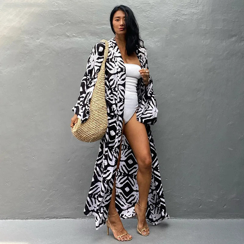 Kimono Bohemian Beach Swimsuit Cover Up Pareo Beach Women Tunics Beachwear 2023 Summer Long Bikini Blouse beach outfit for women