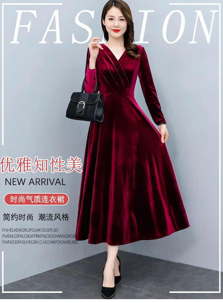 2024 Vintage Long Sleeve Women Sexy Midi Dresses Autumn Winter Velvet Thick Warm Dress Elegant Bodycon Party Night Maxi Vestidos