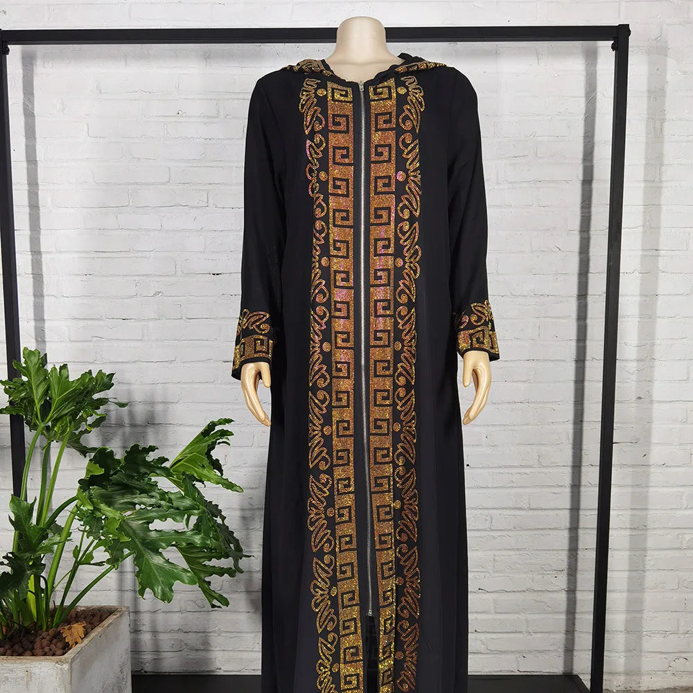 African Ethnic Style Hooded Dress for Women, Muslim Abayat, Hot Drilling with Zipper at Front and Back, Middle East