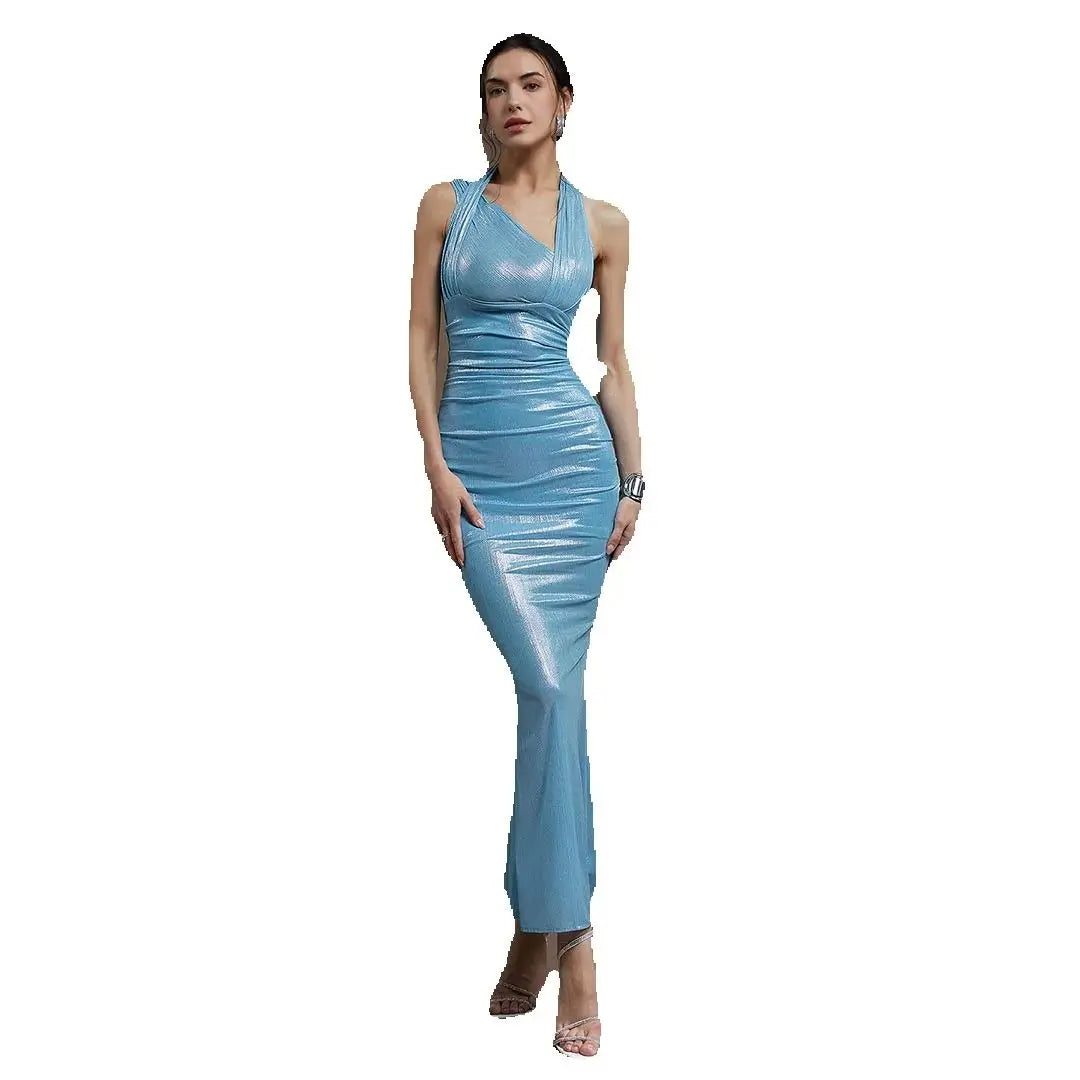 Fashion Blue Halter Backless Women's Prom Dress 2025 Pleated Bodycon Party Club Dresses Slim Mermaid Maxi Dress Ankle Length