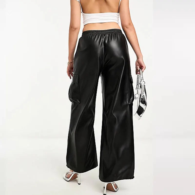 Women's PU Leather Wide Leg Pants,Black, Casual, Loose, High Waist, Vintage, Slim, Elastic, Flare, Straight Leg, Winter