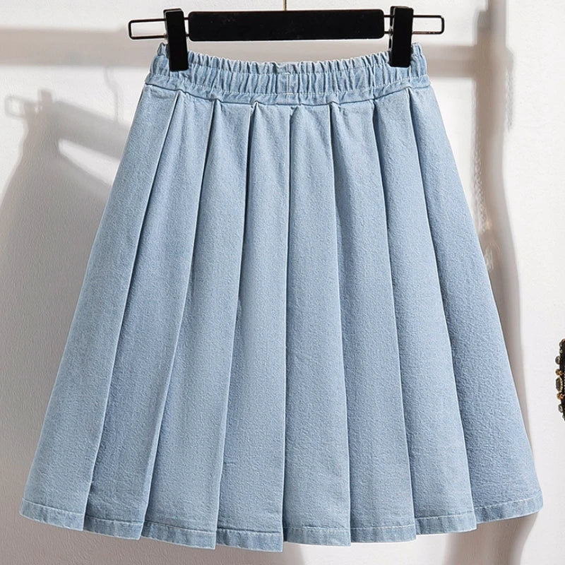 5XL Oversize Denim Skirts Women Lace Up Pleated Skirt Summer Elastic Waist Cute Soft Girl Frilly Loose Jeans Mini Skirt Culotte
