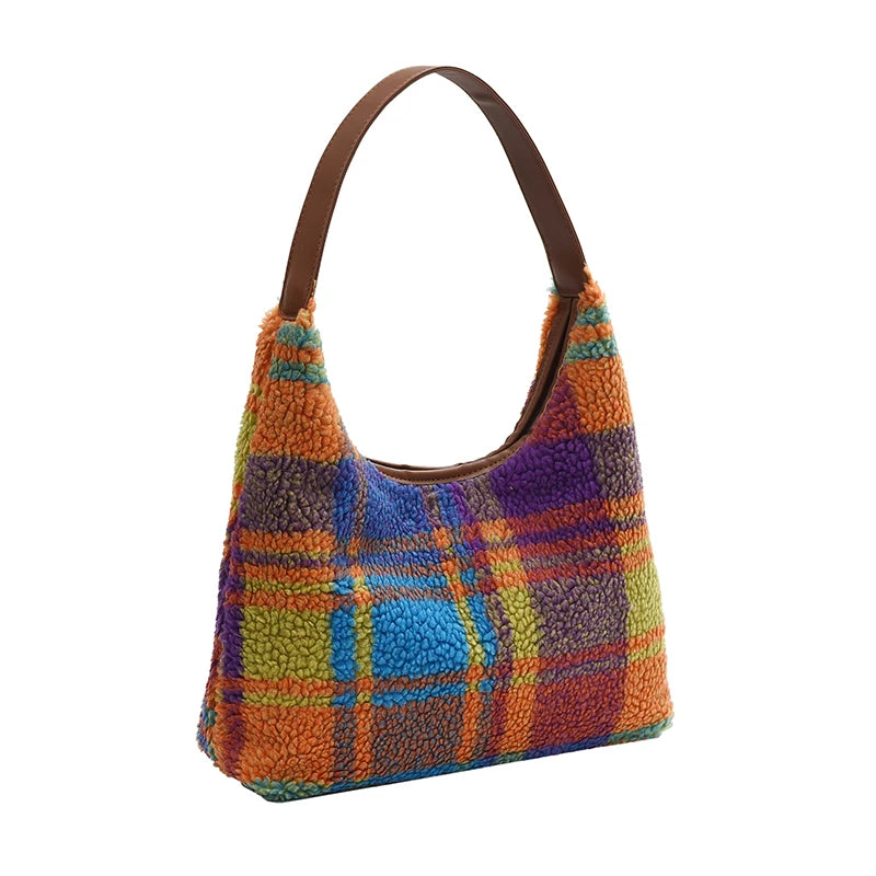 Fashion Classic Versatile Women's Panel Color Woolen Cloth Single Shoulder Tote Bag Outdoor Simple Commuter Casual Storage Bags