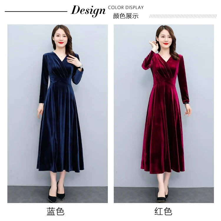 2024 Vintage Long Sleeve Women Sexy Midi Dresses Autumn Winter Velvet Thick Warm Dress Elegant Bodycon Party Night Maxi Vestidos