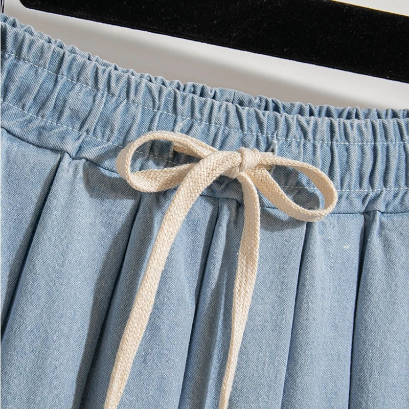 5XL Oversize Denim Skirts Women Lace Up Pleated Skirt Summer Elastic Waist Cute Soft Girl Frilly Loose Jeans Mini Skirt Culotte