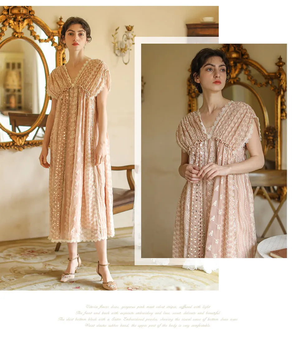 AIGYPTOS Spring Summer Women Pink Dress Vintage Elegant Slim Lace V-Neck Shiny Sequines Luxury Embroidery Party Birthday Dress