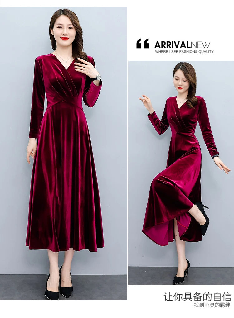 2024 Vintage Long Sleeve Women Sexy Midi Dresses Autumn Winter Velvet Thick Warm Dress Elegant Bodycon Party Night Maxi Vestidos