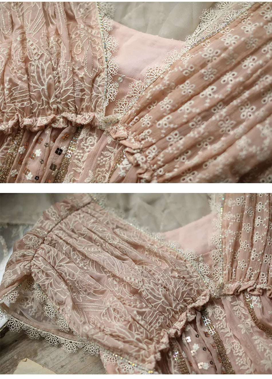 AIGYPTOS Spring Summer Women Pink Dress Vintage Elegant Slim Lace V-Neck Shiny Sequines Luxury Embroidery Party Birthday Dress