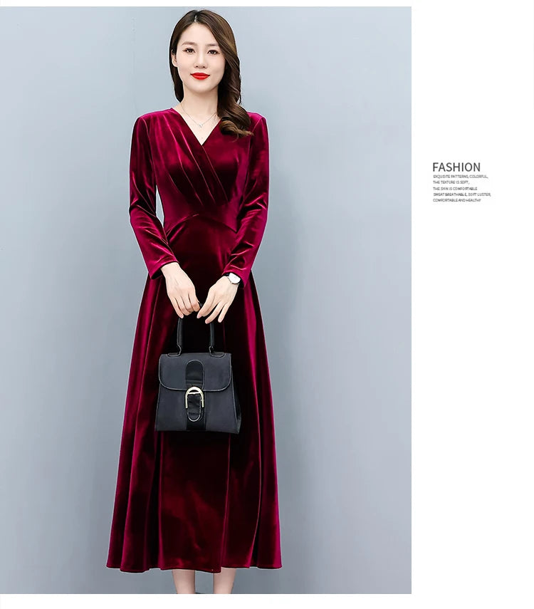 2024 Vintage Long Sleeve Women Sexy Midi Dresses Autumn Winter Velvet Thick Warm Dress Elegant Bodycon Party Night Maxi Vestidos