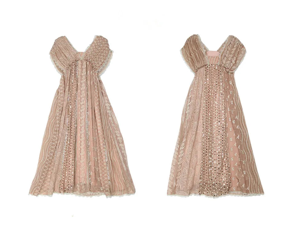 AIGYPTOS Spring Summer Women Pink Dress Vintage Elegant Slim Lace V-Neck Shiny Sequines Luxury Embroidery Party Birthday Dress