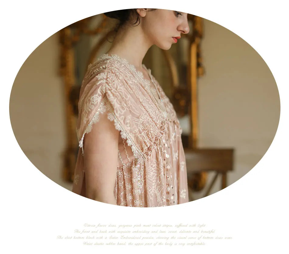 AIGYPTOS Spring Summer Women Pink Dress Vintage Elegant Slim Lace V-Neck Shiny Sequines Luxury Embroidery Party Birthday Dress