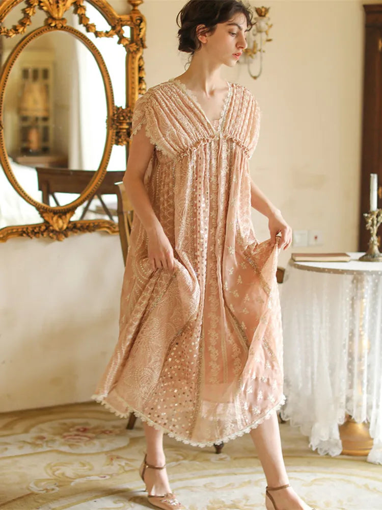 AIGYPTOS Spring Summer Women Pink Dress Vintage Elegant Slim Lace V-Neck Shiny Sequines Luxury Embroidery Party Birthday Dress