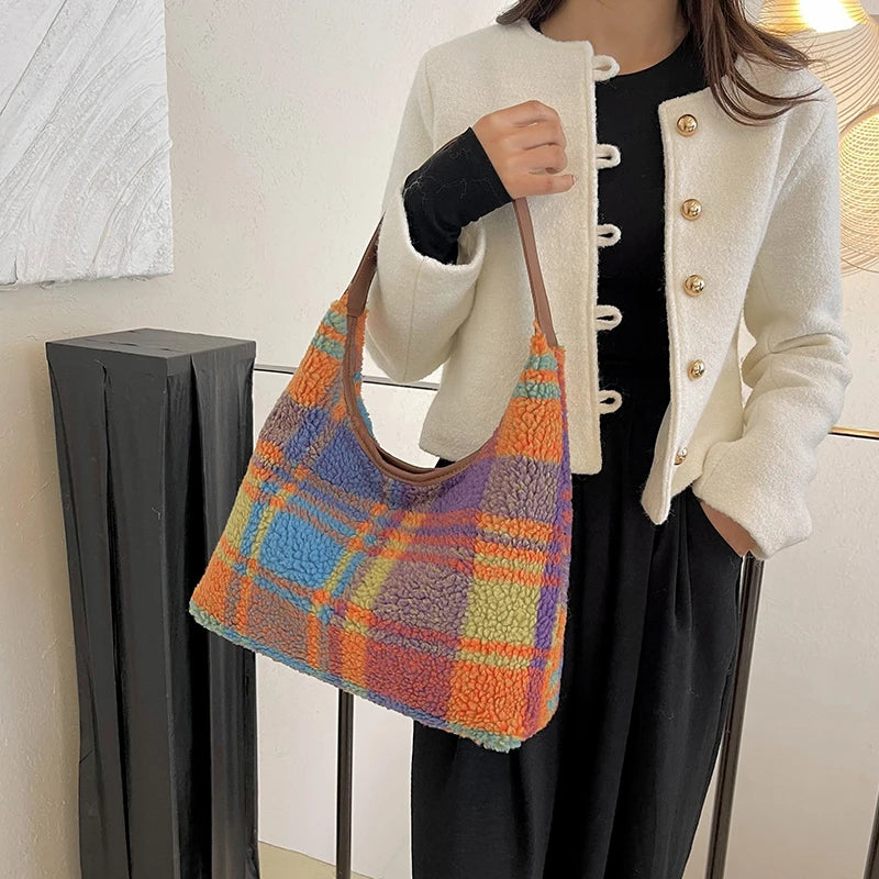 Fashion Classic Versatile Women's Panel Color Woolen Cloth Single Shoulder Tote Bag Outdoor Simple Commuter Casual Storage Bags