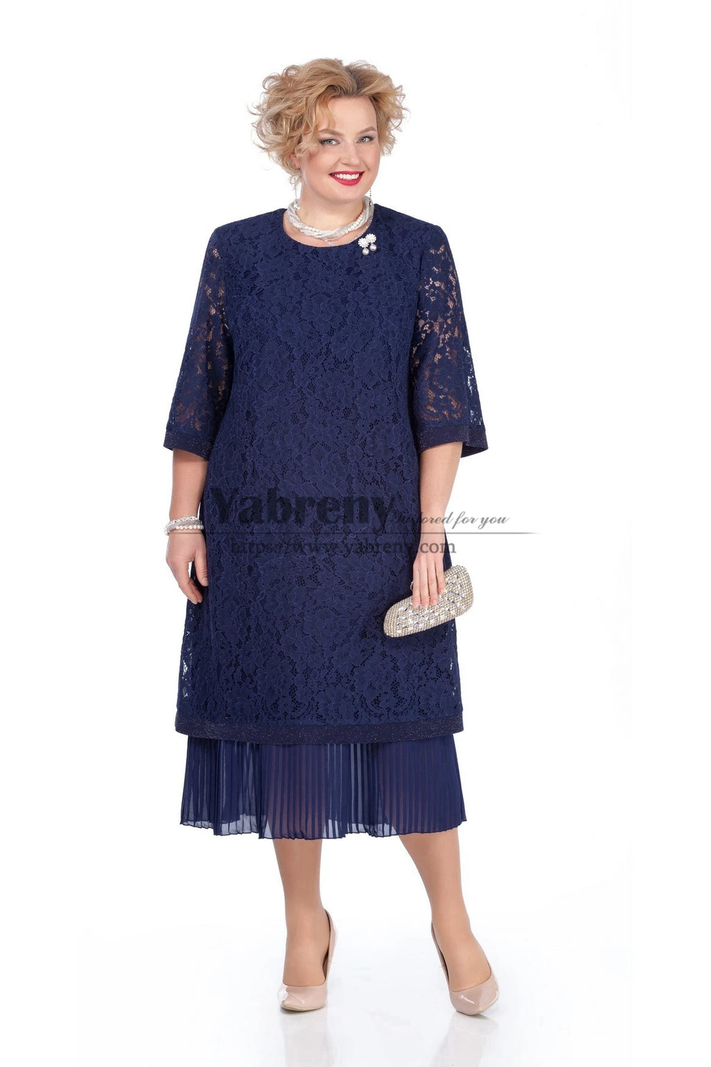 2022 Dark navy Plus Size Tea-Length Mother of the bride Lace dress with Accordion pleats