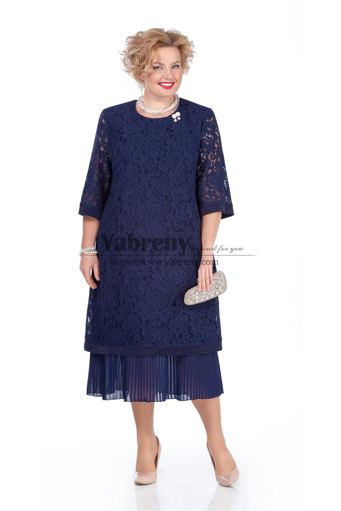 2022 Dark navy Plus Size Tea-Length Mother of the bride Lace dress with Accordion pleats