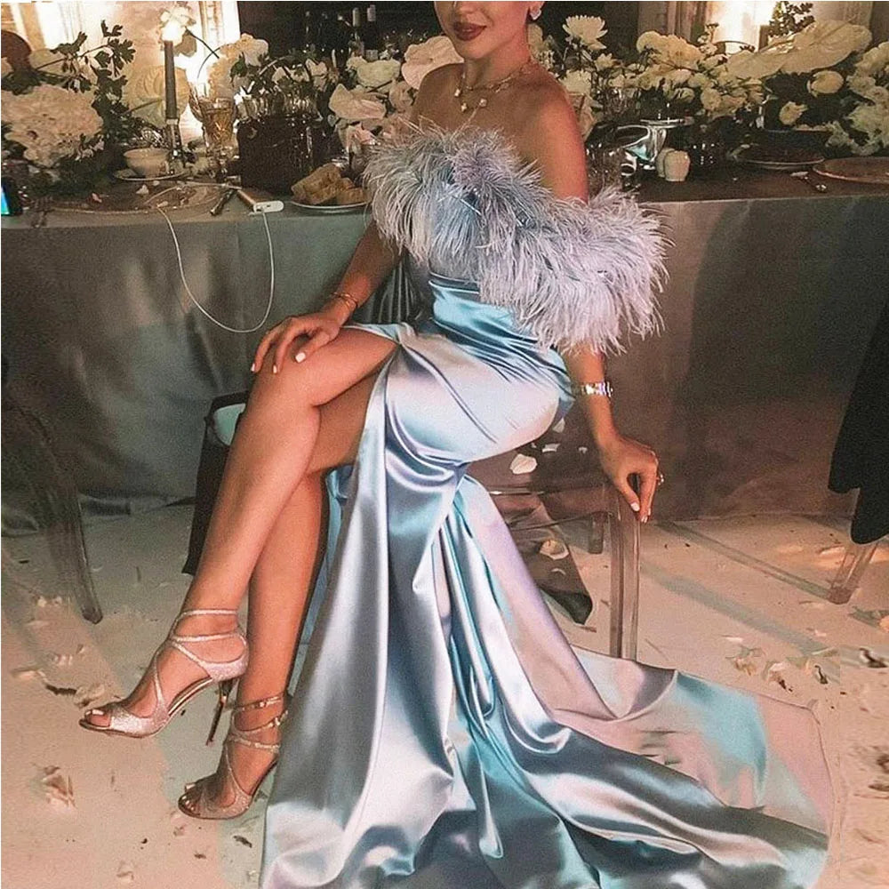 Luxury Sky Blue Off The Shoulder Satin Evening Dress Mermaid Prom Dresses  Split Floor Length Formal Party  Dress With Feather