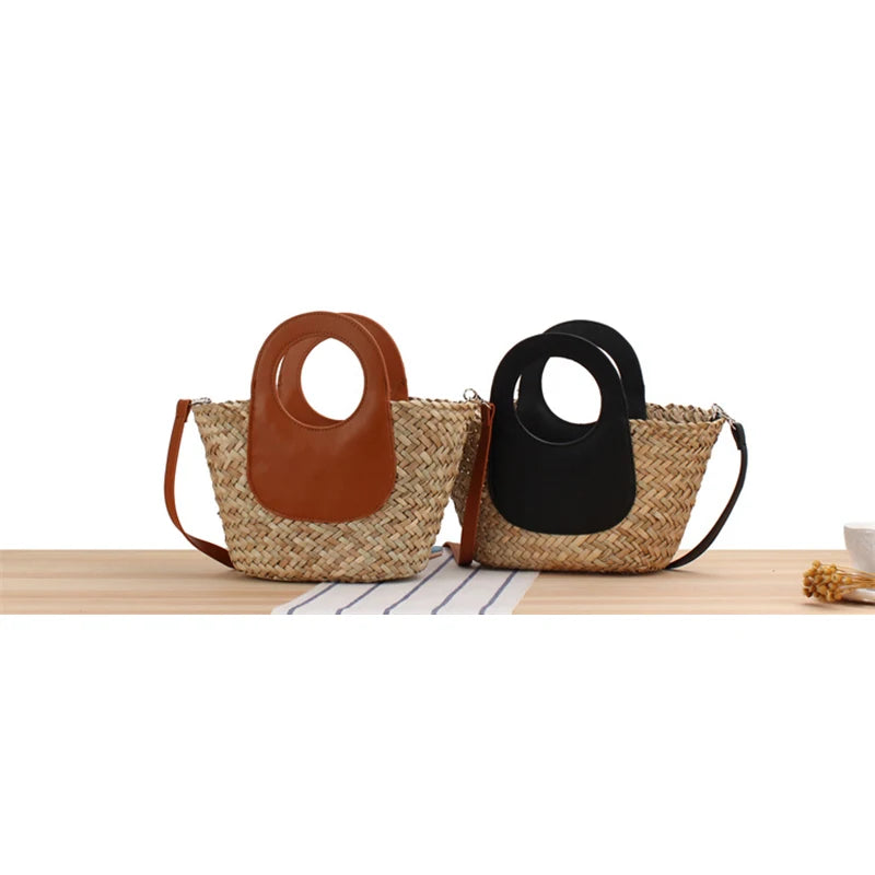 Handmade Woven Women's Shoulder Bag Bohemian Tassel Crossbody Bags Knitted Summer Bucket Straw Beach Bag Female Handbags