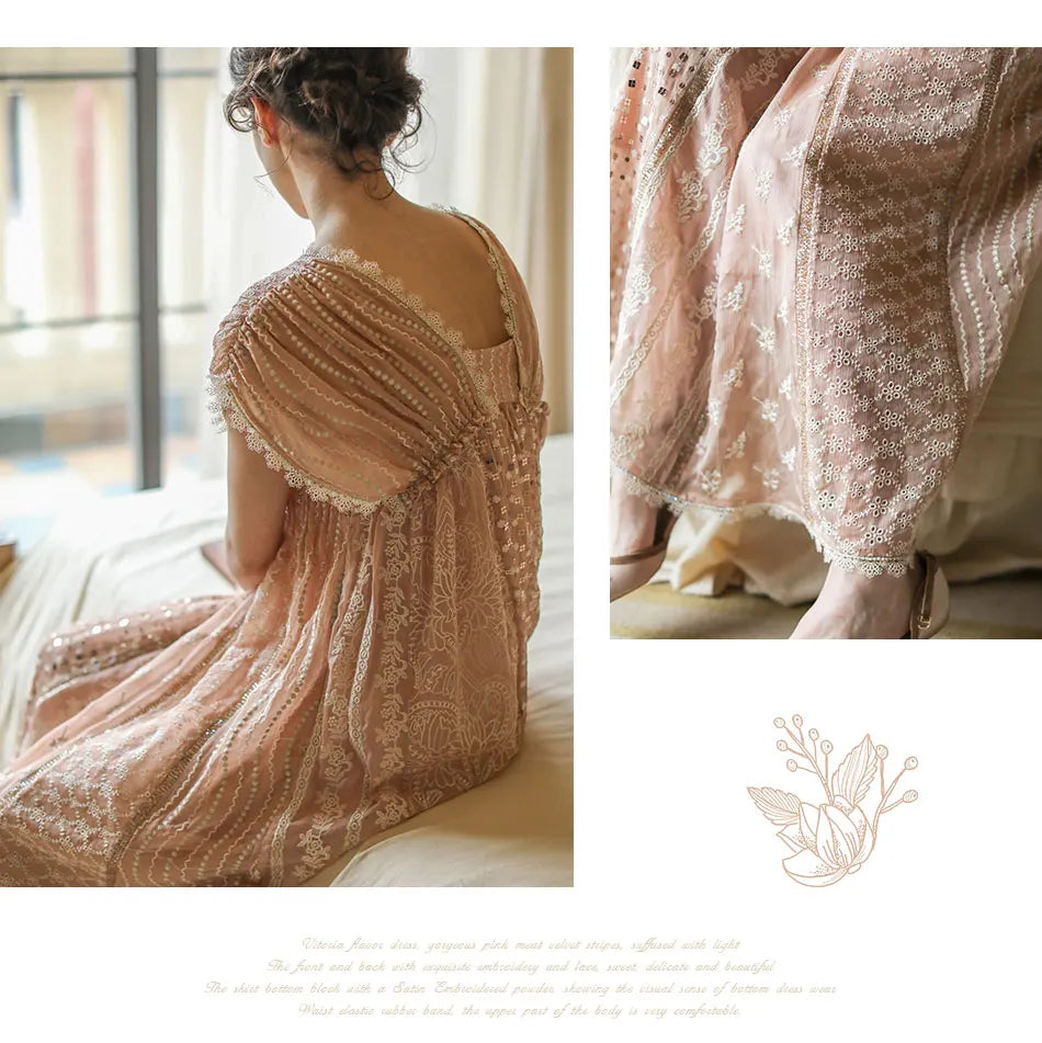 AIGYPTOS Spring Summer Women Pink Dress Vintage Elegant Slim Lace V-Neck Shiny Sequines Luxury Embroidery Party Birthday Dress