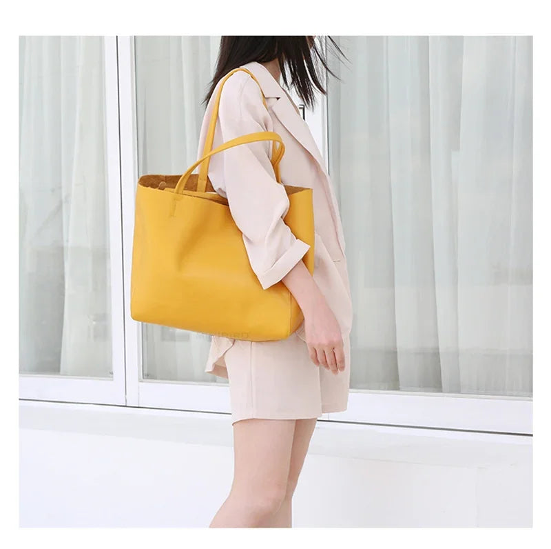 Women Luxury Bag Casual Tote Female Fashion Summer Beach Handbag Lady Popular Soft Cowhide Genuine Leather Shoulder Shopping Bag