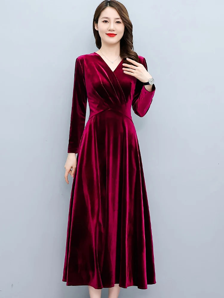 2024 Vintage Long Sleeve Women Sexy Midi Dresses Autumn Winter Velvet Thick Warm Dress Elegant Bodycon Party Night Maxi Vestidos