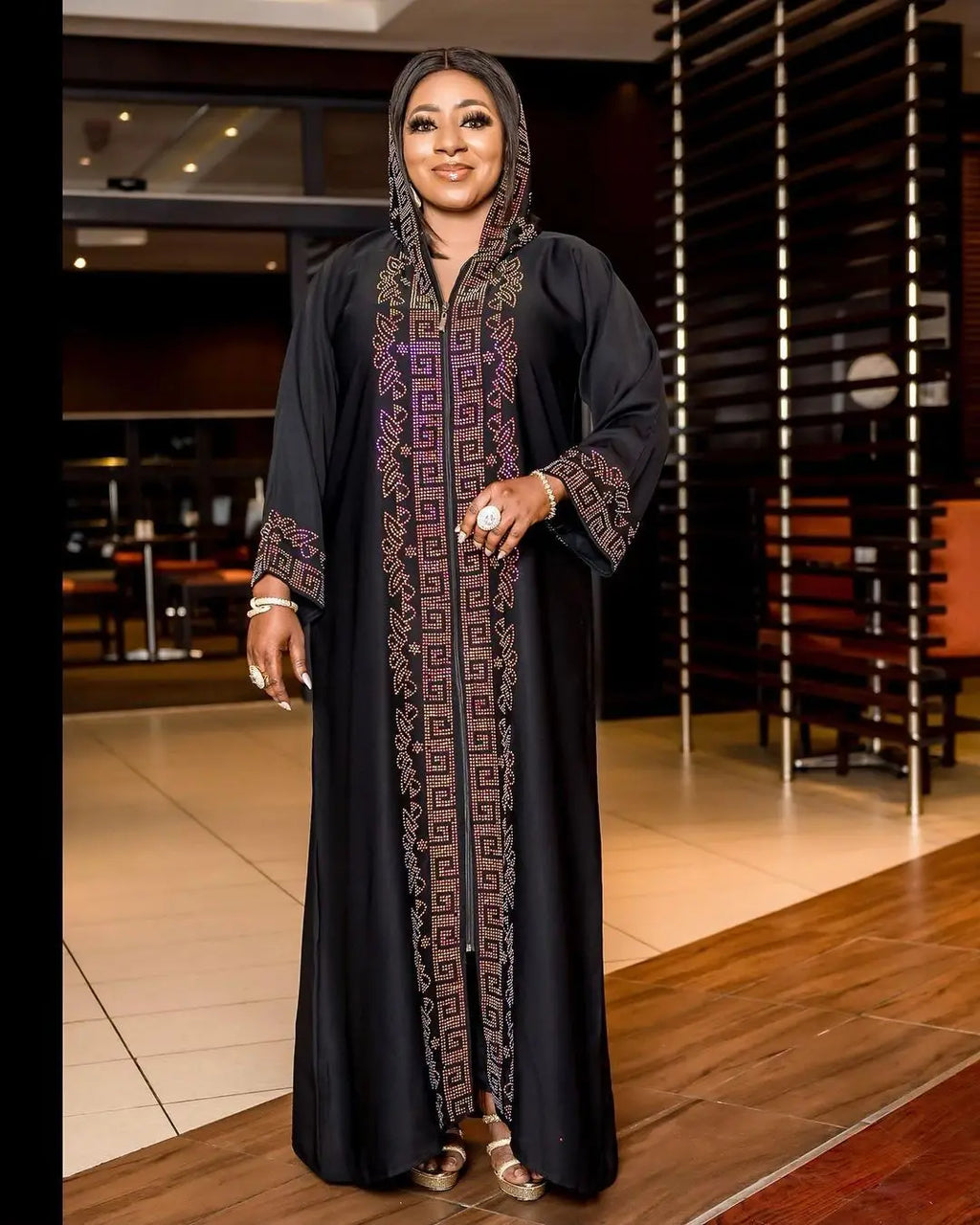 African Ethnic Style Hooded Dress for Women, Muslim Abayat, Hot Drilling with Zipper at Front and Back, Middle East