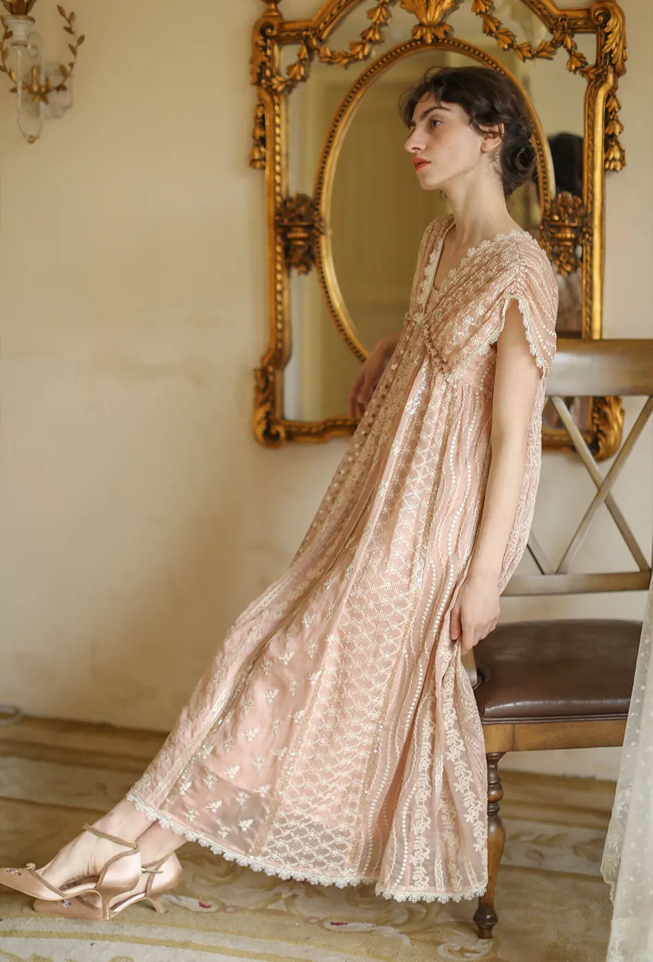 AIGYPTOS Spring Summer Women Pink Dress Vintage Elegant Slim Lace V-Neck Shiny Sequines Luxury Embroidery Party Birthday Dress