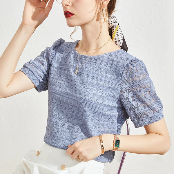 2023 Summer New Style Lace Shirt Women's Western Style Small Shirt Women Short-sleeved French Puff Sleeve Round Neck Top Women