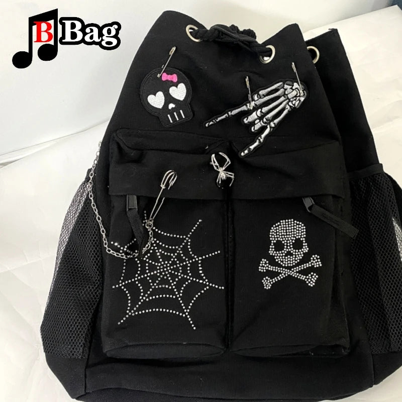 Y2K Gothic Women Girls punk Rock Backpack shoulder Bags Handbags Harajuku student punk Drawcord embroidery Backpacks totes