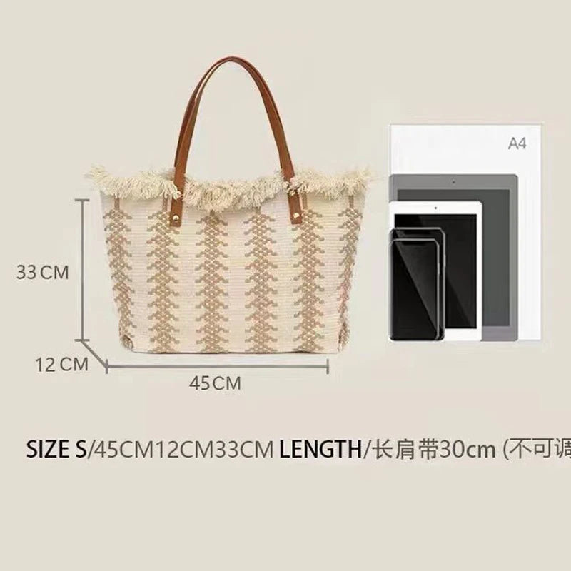 Women Shoulder Bag Large Capacity Canvas Shopping Tote Bags Summer Beach Travel Tassel Contrasting Colors Retro Holiday Handbag