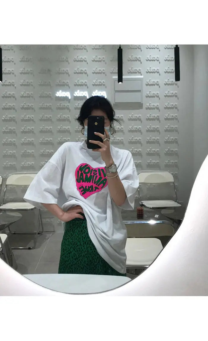 2023 Summer Loose Letters Girls Short-sleeved T-shirt Retro High-waisted Leopard Print Half-body Skirt Suit Two-piece Female Y2K