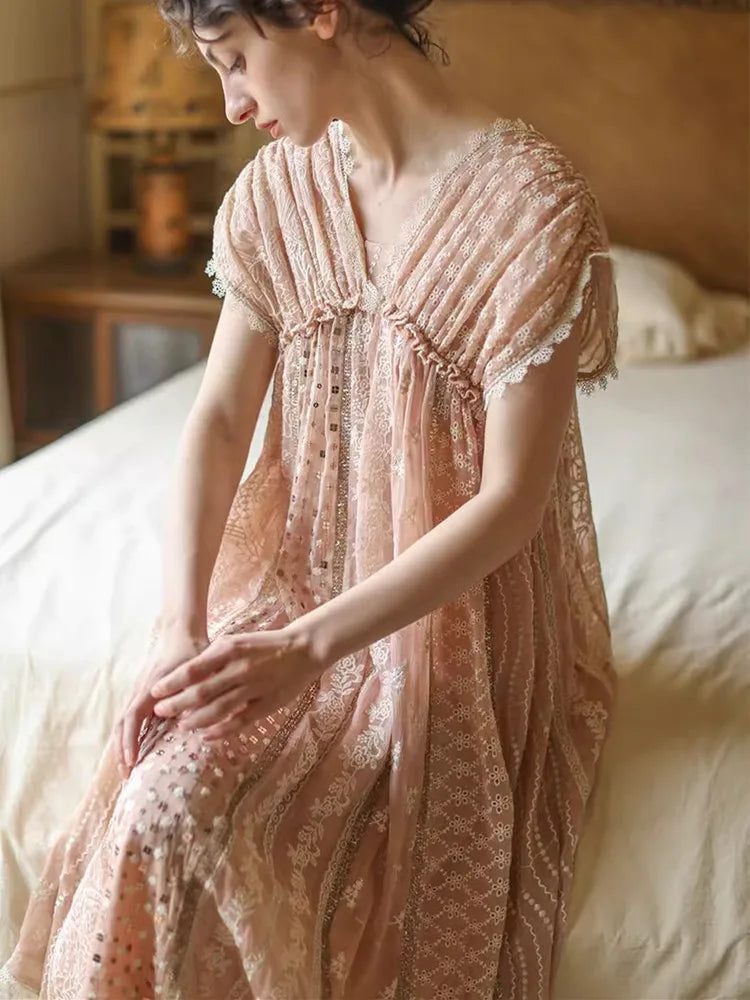 AIGYPTOS Spring Summer Women Pink Dress Vintage Elegant Slim Lace V-Neck Shiny Sequines Luxury Embroidery Party Birthday Dress