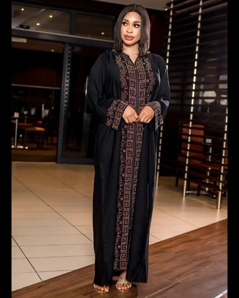 African Ethnic Style Hooded Dress for Women, Muslim Abayat, Hot Drilling with Zipper at Front and Back, Middle East