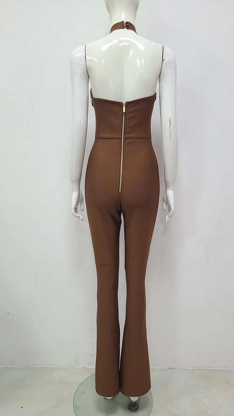 2023 New Sleeveless High Quality Fashion Stretch Wholesale Bandage Jumpsuit Women Long Bodysuit Brown Halter Sexy Backless