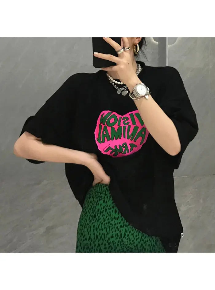 2023 Summer Loose Letters Girls Short-sleeved T-shirt Retro High-waisted Leopard Print Half-body Skirt Suit Two-piece Female Y2K