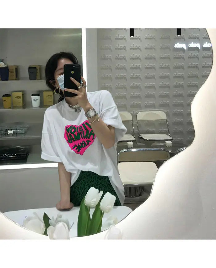 2023 Summer Loose Letters Girls Short-sleeved T-shirt Retro High-waisted Leopard Print Half-body Skirt Suit Two-piece Female Y2K