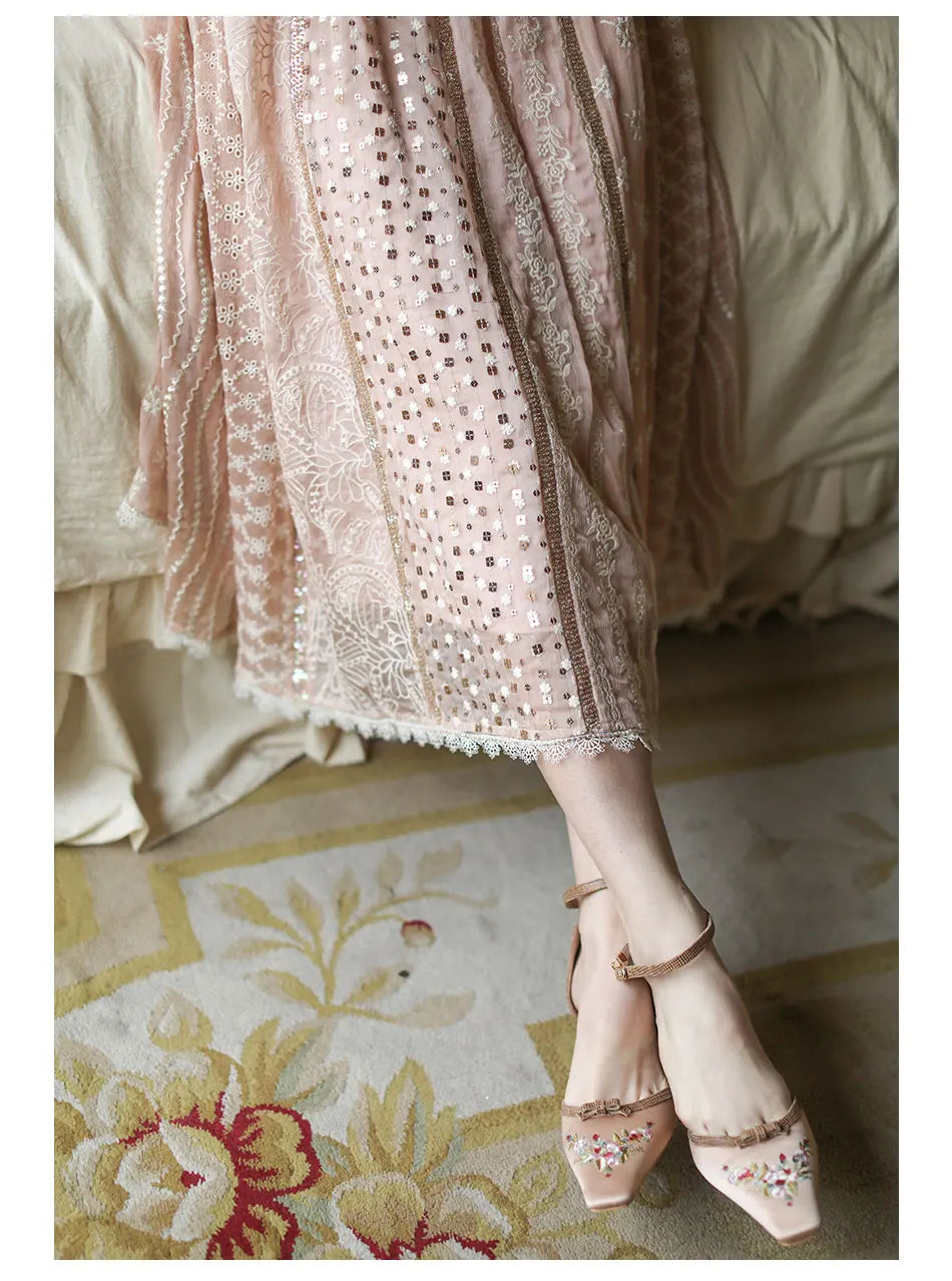 AIGYPTOS Spring Summer Women Pink Dress Vintage Elegant Slim Lace V-Neck Shiny Sequines Luxury Embroidery Party Birthday Dress